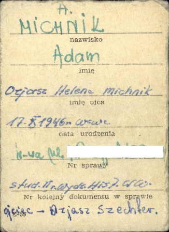 karty z kartoteki „Osoby przechodzące w sprawach śledczych” dot. Adama Michnika i Jacka Kuronia