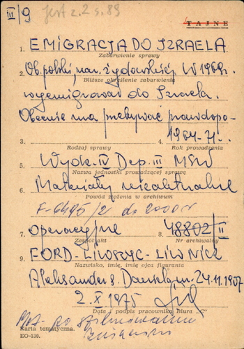 karty z kartoteki "Wyjazdy emigracyjne do Izraela" dot. Aleksandra Forda