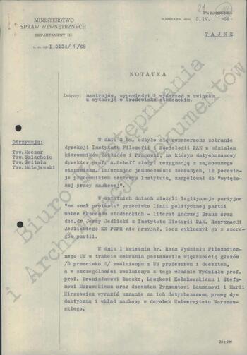 Notatka Departamentu III MSW z dn. 03.04.1968 r.
