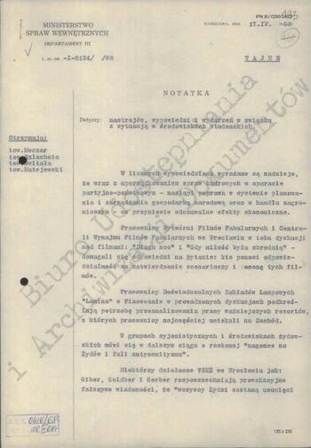 Notatka Departamentu III MSW z dn. 17.04.1968 r.