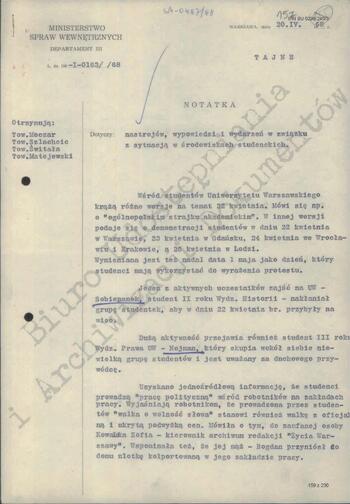Notatka Departamentu III MSW z dn. 20.04.1968 r.