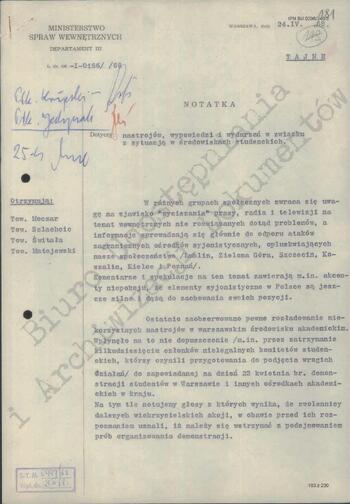 Notatka Departamentu III MSW z dn. 24.04.1968 r.