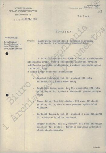 Notatka Departamentu III MSW z dn. 28.04.1968 r.