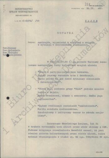 Notatka Departamentu III MSW z dn. 30.04.1968 r.