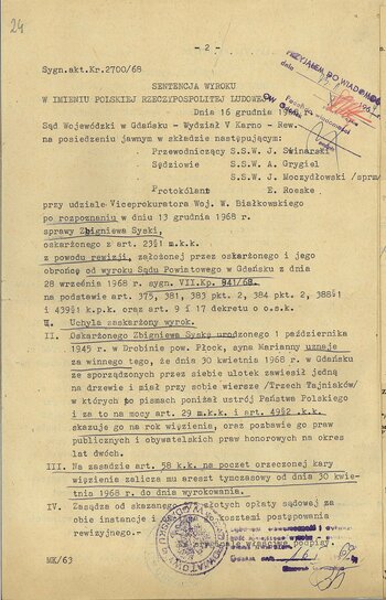 Sentencja wyroków sądów powiatowego i wojewódzkiego