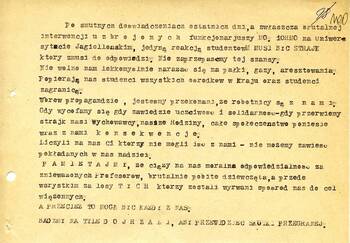 Maszynopis uchwały Komitetu wyłonionego przez studentów uczelni krakowskich na wiecu dnia 13 marca 1968 r.