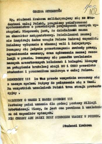 Maszynopis odezwy studentów Krakowa do mieszkańców miasta