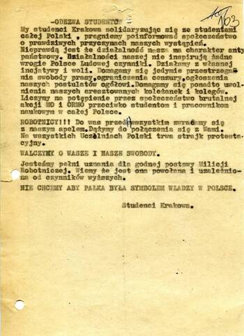 Maszynopis odezwy studentów Krakowa do mieszkańców miasta