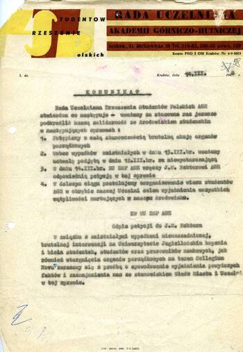 Kopia odezwy do studentów Krakowa wystosowana przez Zarządy uczelniane ZMS uczelni wyższych Krakowa