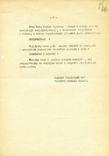 Odezwa studentów do Rektora UJ