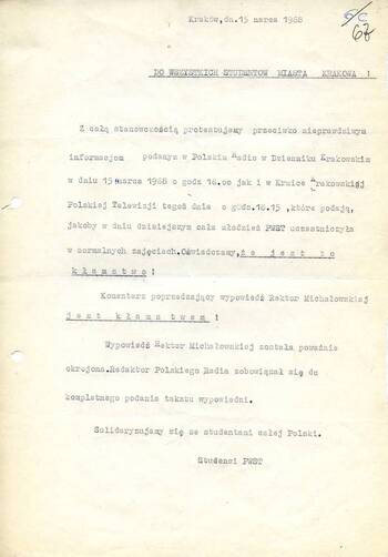 Plakat z dnia 15 marca 1968 r. z odezwą rektora UJ Prof. Dr M. Klimaszewskiego do studentów UJ