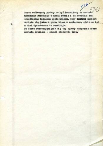 Maszynopis uchwały Komitetu wyłonionego przez studentów uczelni Krakowa na wiecu w dniu 13 marca 1968 r. w obecności rektora i innych władz UJ