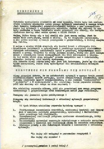 Maszynopis uchwały Komitetu wyłonionego przez studentów uczelni Krakowa na wiecu w dniu 13 marca 1968 r. w obecności rektora i innych władz UJ