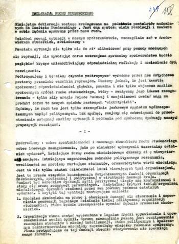 Maszynopis uchwały Komitetu wyłonionego przez studentów uczelni Krakowa na wiecu w dniu 13 marca 1968 r. w obecności rektora i innych władz UJ