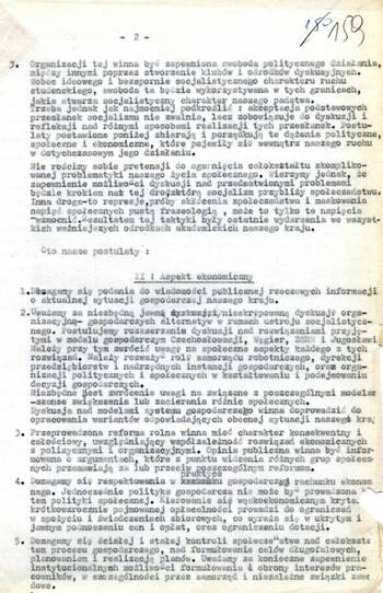 Maszynopis uchwały Komitetu wyłonionego przez studentów uczelni Krakowa na wiecu w dniu 13 marca 1968 r. w obecności rektora i innych władz UJ