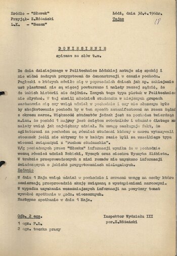 Doniesienie TW „Sławek” z dn. 30.04.1968 r.