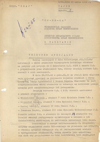 Meldunek specjalny [Krypt. „Kraj”] I Z-cy Komendanta Miejskiego MO ds. Bezpieczeństwa w Łodzi