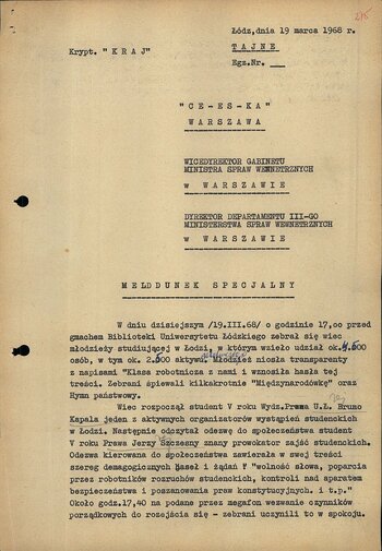 Meldunek specjalny [Krypt. „Kraj”] I Z-cy Komendanta Miejskiego MO ds. Bezpieczeństwa w Łodzi