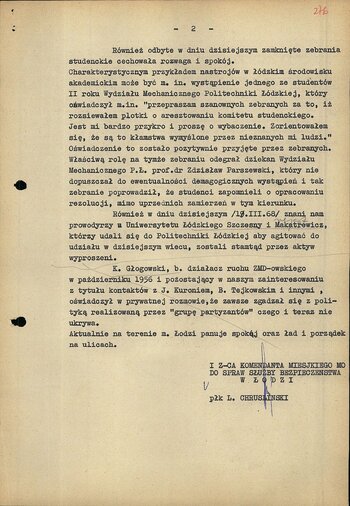 Meldunek specjalny [Krypt. „Kraj”] I Z-cy Komendanta Miejskiego MO ds. Bezpieczeństwa w Łodzi