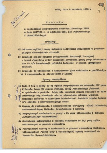Notatka z posiedzenia sekretariatu Komitetu Łódzkiego PZPR z dn. 08.04.1968 r.