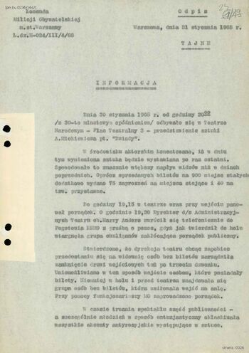 Dokumenty dot. przedstawienia "Dziadów"