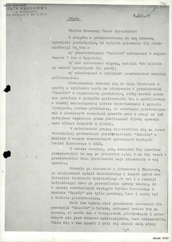 Dokumenty dot. przedstawienia "Dziadów"