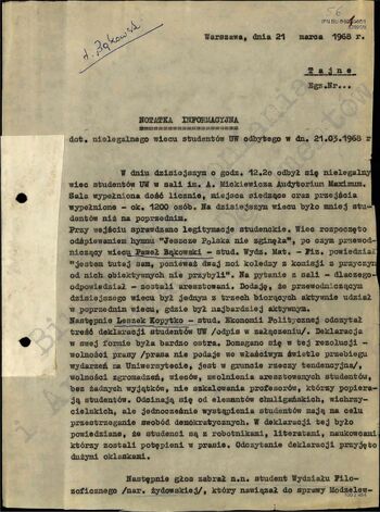 Notatka informacyjna dotycząca przebiegu wiecu na UW