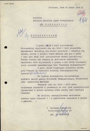 Telefonogram I Zastępcy Komendanta Stołecznego MO ds. SB