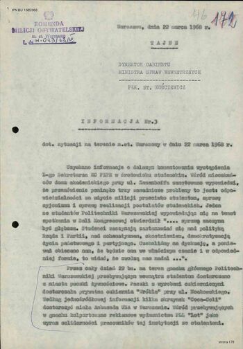 Informacja I Zastępcy Komendanta Stołecznego MO ds. SB