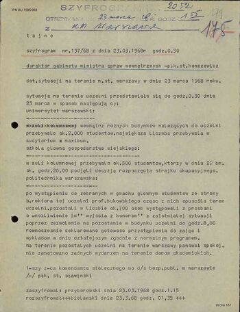 Szyfrogram nr 137/68 I Zastępcy Komendanta Stołecznego MO ds. SB