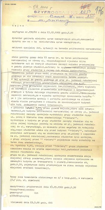 Szyfrogram nr 138/68 I Zastępcy Komendanta Stołecznego MO ds. SB