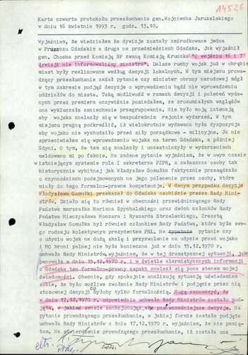 Protokół przesłuchania podejrzanego Wojciecha Jaruzelskiego z dnia 16 kwietnia 1993 r.