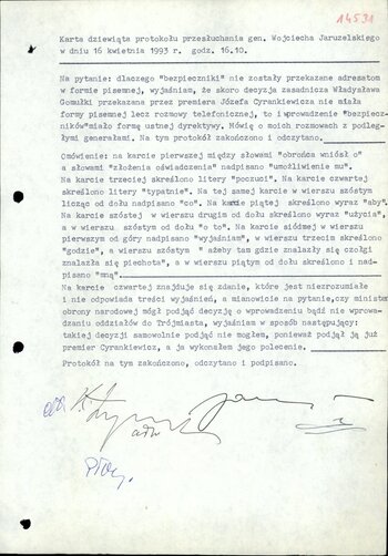 Protokół przesłuchania podejrzanego Wojciecha Jaruzelskiego z dnia 16 kwietnia 1993 r.