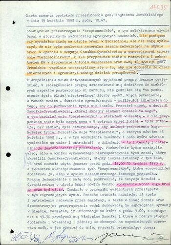 Protokół przesłuchania podejrzanego Wojciecha Jaruzelskiego z dnia 19 kwietnia 1993 r.