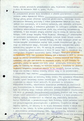 Protokół przesłuchania podejrzanego Wojciecha Jaruzelskiego z dnia 19 kwietnia 1993 r.