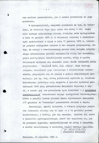 Protokół przesłuchania podejrzanego Stanisława Kociołka z dnia 27 września 1994 r.
