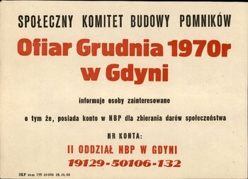 Ulotka z numerem konta Społecznego Komitetu Budowy Pomników Ofiar Grudnia 1970 roku w Gdyni