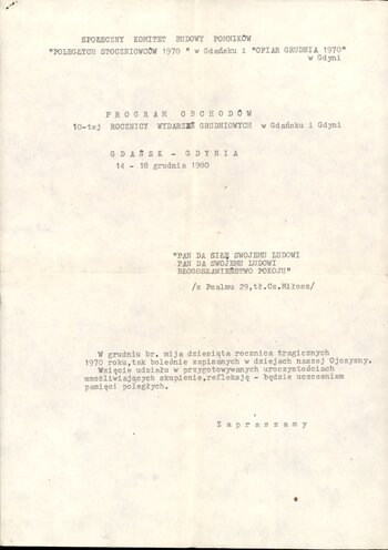 Program obchodów 10-tej rocznicy wydarzeń grudniowych w Gdańsku i Gdyni 14-18 grudnia 1980 r.