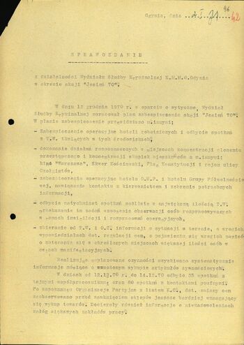 Sprawozdanie z działalności KMMO Gdynia w okresie akcji ,,Jesień 70''