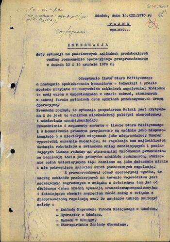 Meldunki operacyjne i notatki służbowe z grudnia 1970 r.
