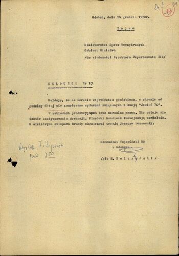 Meldunki operacyjne i notatki służbowe z grudnia 1970 r.