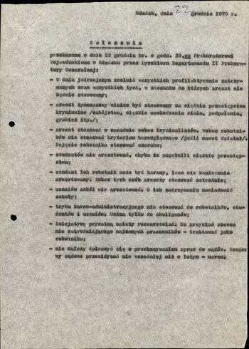 Zalecenia przekazane w dniu 22 grudnia 1970 r. Prokuratorowi Wojewódzkiemu w Gdańsku