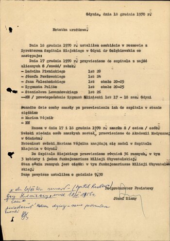 Notatka urzędowa Podprokuratora Powiatowego w Gdyni z dnia 18 grudnia 1970 r. dot. zabitych i rannych w Gdyni, którzy znaleźli się w Szpitalu Miejskim