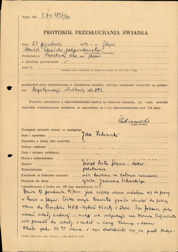 Protokół przesłuchania Jana Żebrowskiego w sprawie zaginięcia syna Janusza w dniu 17 grudnia 1970 r.