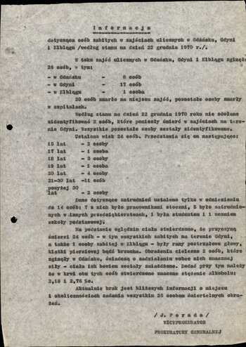 Informacja Wiceprokuratora Wojewódzkiego w Gdańsku dotycząca osób zabitych w grudniu 1970 r. (stan na dzień 22 grudnia 1970 r.)