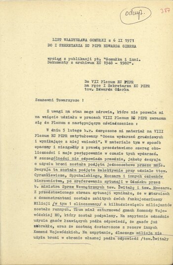 Odpis listu Władysława Gomułki do VII Plenum KC PZPR na ręce Edwarda Gierka z dnia 6 lutego 1971 r.