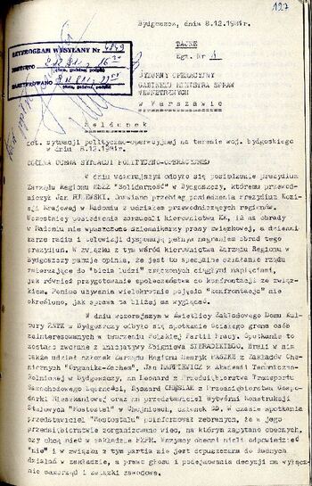 Meldunek o sytuacji społeczno – politycznej w województwie z dnia 08.12.1981 r. /fragment/