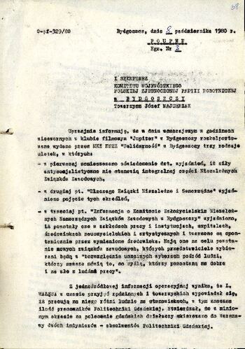 Informacja przekazana do Komitetu Wojewódzkiego PZPR w Bydgoszczy o sytuacji w regionie z dnia 08.10.1980 r. #1