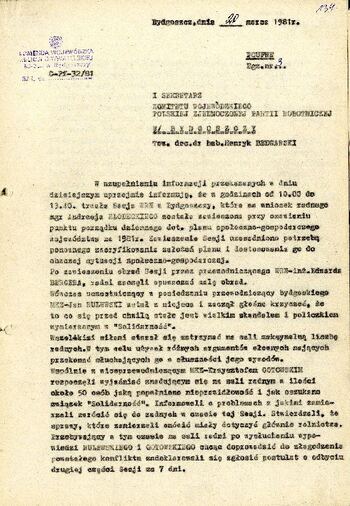 Informacja przekazana do Komitetu Wojewódzkiego PZPR w Bydgoszczy o sytuacji w regionie z dnia 20.03.1981 r. #1