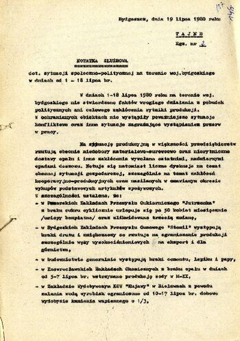 Notatka służbowa z dnia 19.07.1980 r. o sytuacji społeczno – politycznej w województwie bydgoskim w dniach 1 – 18 lipca 1980 r. #1